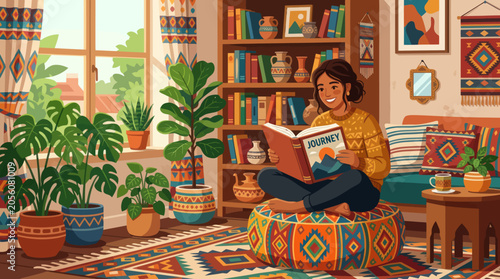 Fotografía A person enjoys reading a book in a cozy, plant-filled room with colorful decor