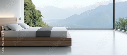 Mountain View Bedroom Minimalist bed, serene landscape