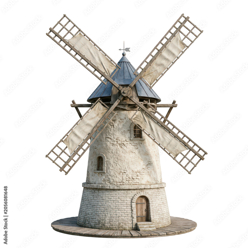 Obraz premium Classic medieval stone windmill isolated on transparent background
