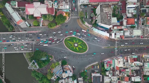 Top down aerial view of Dien Bien Phu roundabout traffic in Ho Chi Minh City Vietnam