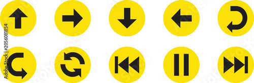 Yellow circular media and navigation icon set with arrows, play, pause, refresh and control symbols for modern UI and app design. Bold high contrast style improves visibility. Ideal for dashboards, pl
