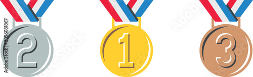 Фотография Winner medal icon set featuring gold, silver and bronze awards with ribbons for competition, ranking and achievement concepts