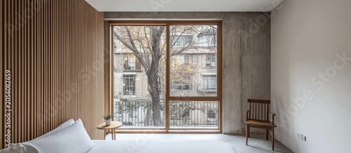 Minimalist bedroom, city view, wooden wall, tranquil setting
