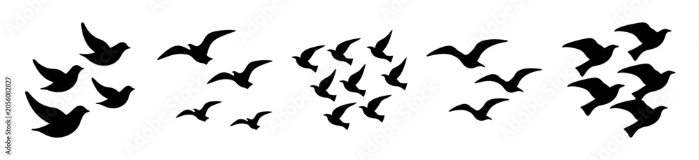 Obraz premium Black birds flying in formation patterns - Minimalist black silhouette birds flying in various formation styles and directions, ideal for nature, travel, or design projects.