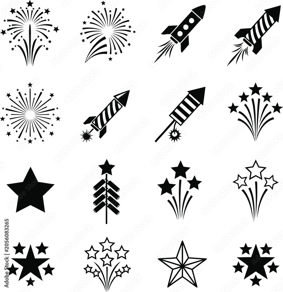 Fototapeta premium Set of firework and star icons for july fourth