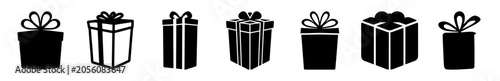 Fotografie Five wrapped gift boxes with ribbons in a row - Minimalist vector illustration of five gift boxes wrapped with colorful ribbons aligned neatly in a row