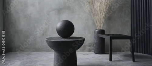 Black sphere on pedestal table, studio setting, pampas grass backdrop
