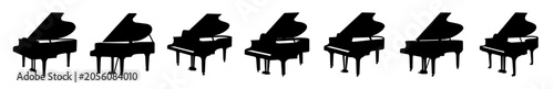 Photos Five black grand pianos in a row illustration - Simple vector illustration showing five black grand pianos lined up neatly, perfect for music or education projects