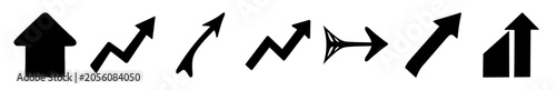 Set of five simple arrow icons in black - Minimalist collection of five black arrow icons showing different directions and motions with clean lines and bold contrast.