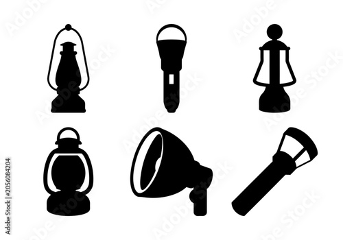 Six black vintage flashlight and lantern icons - A set of six stylized black icons featuring vintage flashlights and lanterns in a clean, simple design perfect for retro or utility-themed projects.