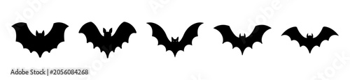 Fotografia Black bat icons in a row illustration - Five stylish black bat icons aligned horizontally in a clean, minimalist vector design for editorial or decorative use
