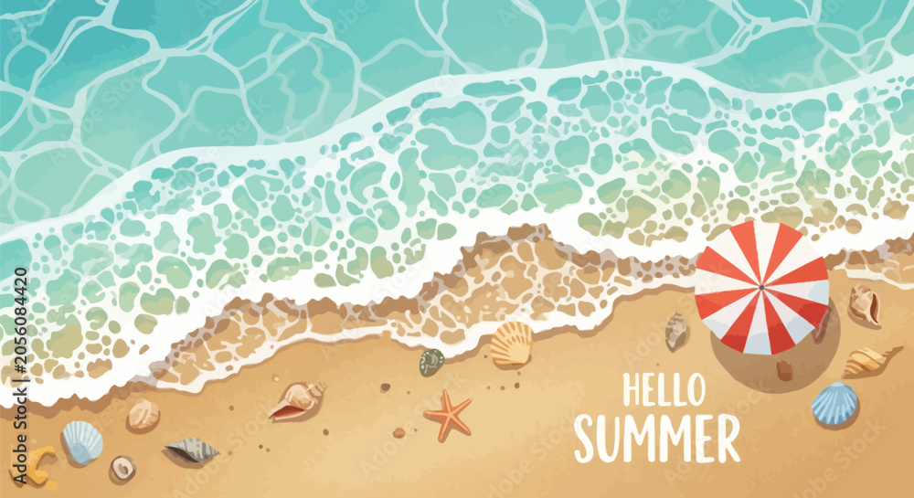 Obraz premium Hello summer beach scene with vector graphic elements