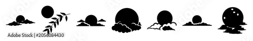 Foto Moon phases with stylized clouds and mountains - Minimalist vector illustration showing moon phases in a night sky with simple clouds and mountain silhouettes
