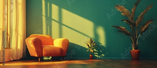 Sunny room armchair, plants, teal wall, morning light, home decor