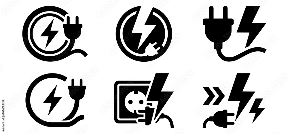 Εκτύπωση καμβά Electric charge icon set with plug, socket, and lightning bolt symbols