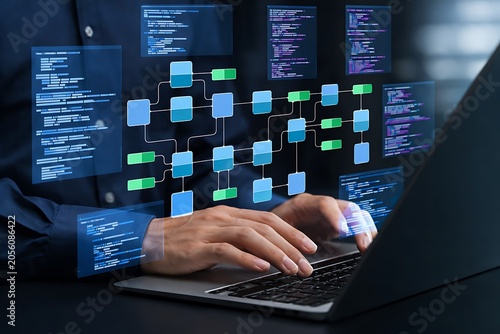 Data infrastructure and data pipeline development. Data integration. Engineer using laptop computer to design data processing system and data warehouse.