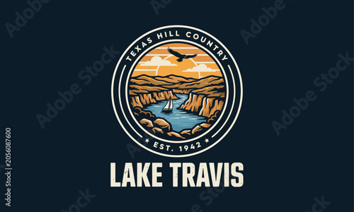 Photos Vintage Emblem of Lakeside Community with Scenic Sunset Landscape and Waterfront