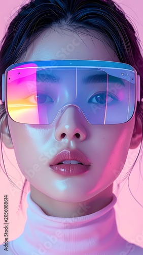 A woman with futuristic glasses and pink background