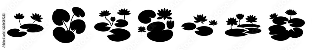 Fototapeta premium Black lily pads and water plants floating on water - Minimalist black silhouette of lily pads and aquatic plants floating on a smooth water surface, ideal for nature or botanical designs.