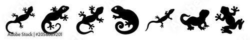 Foto Black and white lizards and geckos illustration - A stylized black and white line drawing of lizards and geckos in various poses, suitable for nature, biology, or decorative designs