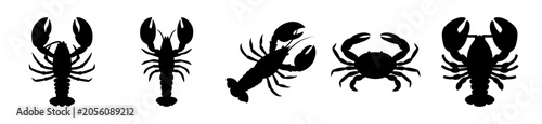 Foto Five black seafood icons in a row - Minimalist black seafood icons including lobster, crab, and shrimp arranged horizontally for a clean, bold design