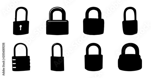 Картината върху платно Set of eight black padlock icons in different styles - Eight sleek black padlock icons in various shapes and designs, perfect for security or privacy-related projects