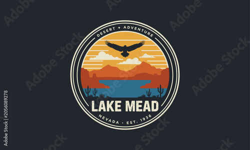 Photos Silhouette Eagle Over Sunset Lake Mead Emblem with Scenic Landscape Background