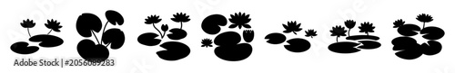 Фотография Black lily pads and water plants floating on water - Minimalist black silhouette of lily pads and aquatic plants floating on a smooth water surface, ideal for nature or botanical designs