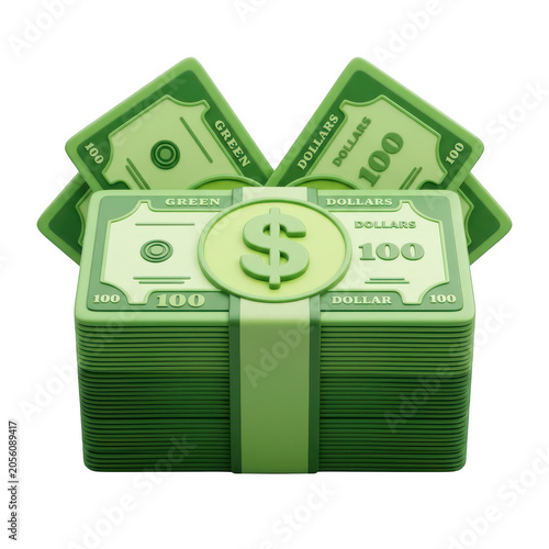 Large stack of green hundred dollar bills isolated transparent background