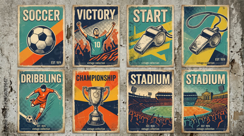 Canvastavla Vintage grunge soccer poster pack featuring retro leather balls stadium match cheering crowd victory celebration referee whistles championship trophy and dynamic dribbling skills vector designs