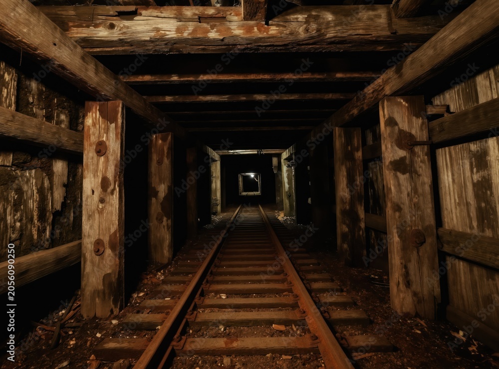 Fototapeta premium Old mine tunnel with rusty train tracks. Wooden beams support decaying mine walls and ceiling. Dark passage leads to faint light in distance. Abandoned underground.