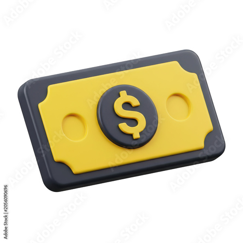 3D render of yellow dollar bill icon isolated on transparent background