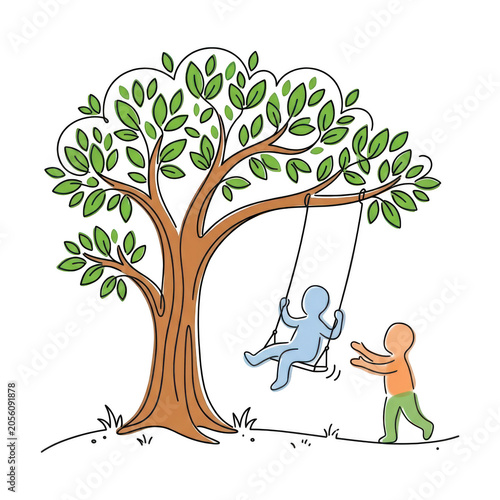Simple line art of two children playing on a swing under a tree