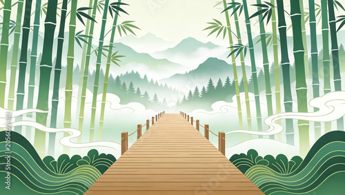 Bamboo Forest Wooden Walkway Guochao Style Illustration