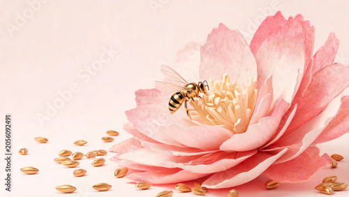 Bee on Pink Paper Art Flower Illustration