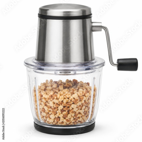 Minimal stainless steel nut chopper for organized home lifestyle on white background