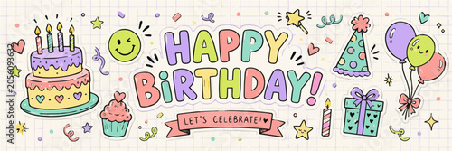 Hand Drawn Birthday Party Doodle Sticker Banner with Retro Pastel Celebration Icons on Grid Background