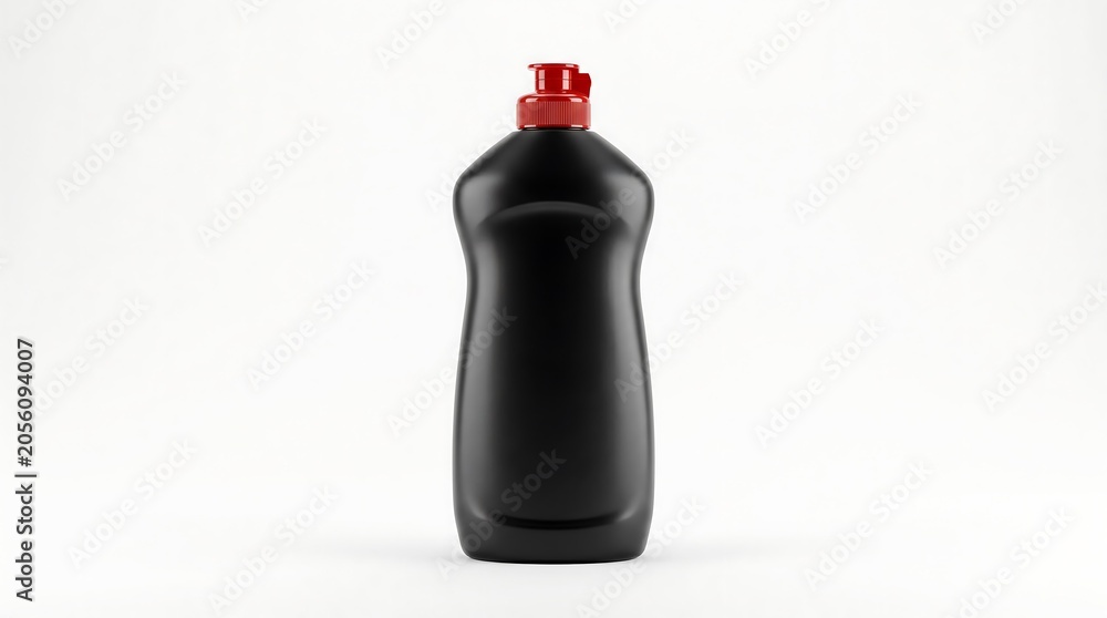 Obraz premium Black Plastic Bottle with Red Cap Isolated on White Background Minimalist Product Display