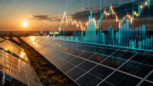 Solar Panel Farm at Sunset with Financial Graph Overlay