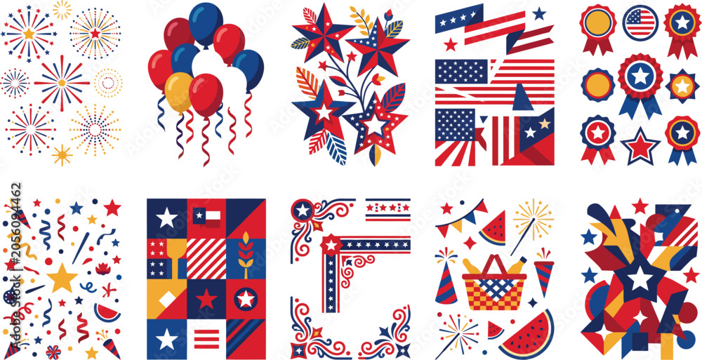 Fototapeta premium A collection of colorful patriotic themed illustrations featuring american flags balloons stars fireworks picnic baskets and festive decorations for celebrating fourth of july holiday events
