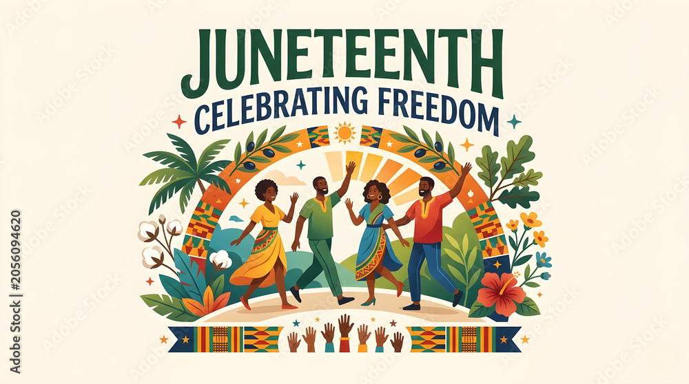 Fototapeta premium Juneteenth Freedom Day Celebration Vector Banner with African American Family Breaking Chains of Slavery