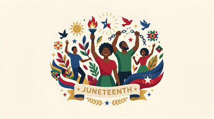 Happy People Dancing and Playing Djembe Drum on Juneteenth Freedom Day Vector Horizontal Banner