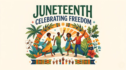 Juneteenth Freedom Day Celebration Vector Banner with African American Family Breaking Chains of Slavery