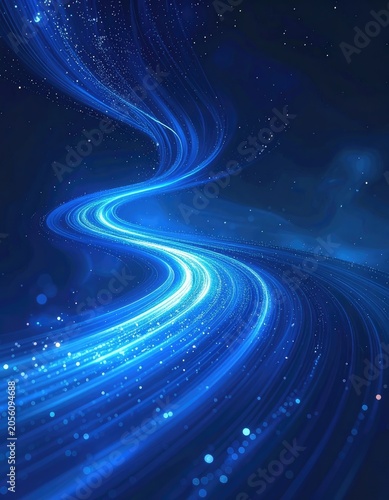Abstract blue light trails and particles swirling in darkness.