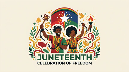 Juneteenth Celebration of Freedom Vector Illustration with Black Couple Holding Torch and Broken Chains