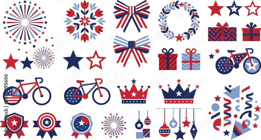 Obraz premium A collection of patriotic fourth of july elements featuring fireworks stars bicycles gift boxes crowns and festive decorations in red white and blue colors isolated