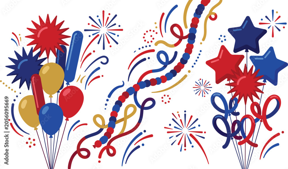 Fototapeta premium Festive celebration background featuring colorful balloons ribbons and firework bursts in red blue and gold colors perfect for independence day or holiday party designs