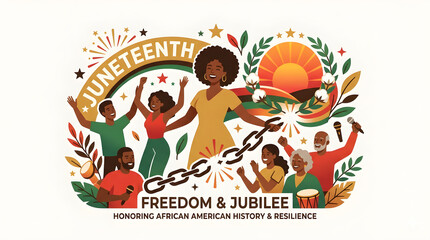 Juneteenth Freedom Day Celebration Vector Banner with African American Family Breaking Chains of Slavery
