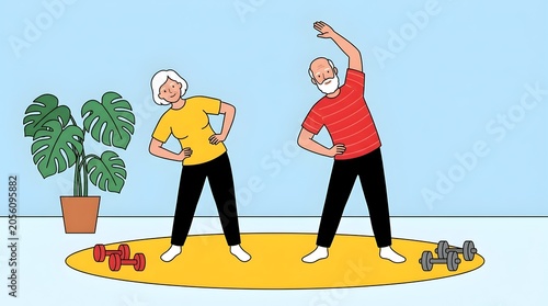 Happy Senior Couple Doing Side Stretch Exercises Together at Home, Active Lifestyle Flat Illustration