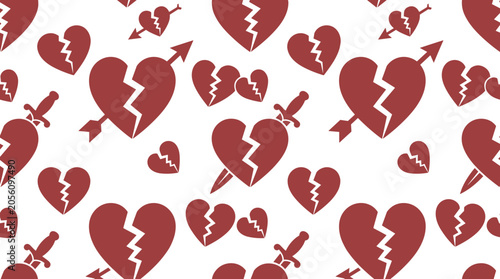 Cuadro en lienzo Seamless pattern of dark red broken hearts pierced by arrows on a white backgrou